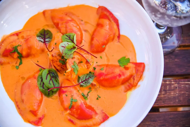 Lobster ravioli (ravioli all'aragosta) in a San Marzano tomato pink cream sauce garnished with micro greens at Pane e Vino in Providence