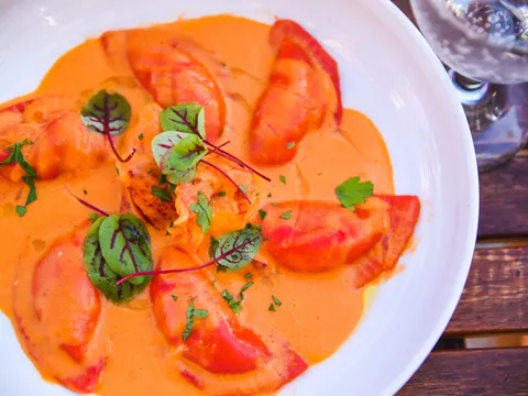 Lobster ravioli (ravioli all'aragosta) in a San Marzano tomato pink cream sauce garnished with micro greens at Pane e Vino in Providence