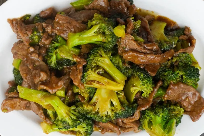 Beef and broccoli plated at San Tung