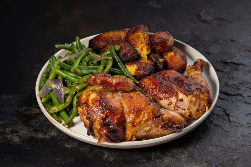 Charcoal rotisserie chicken meal with sauteed green beans and fried sweet plantains at Chicken Rico in Baltimore