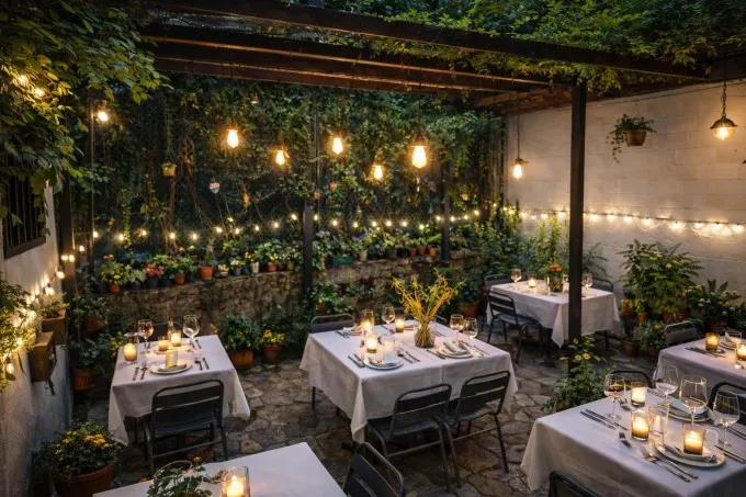 Candlelit back garden patio at Turkish Cuisine in New York, with white-clothed tables under a pergola strung with lights and surrounded by potted plants