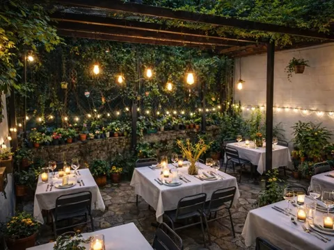Candlelit back garden patio at Turkish Cuisine in New York, with white-clothed tables under a pergola strung with lights and surrounded by potted plants