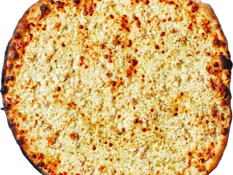 A New Haven white clam apizza with a charred, thin coal-fired crust at Sally's Apizza