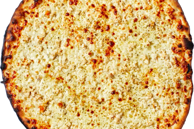 A New Haven white clam apizza with a charred, thin coal-fired crust at Sally's Apizza
