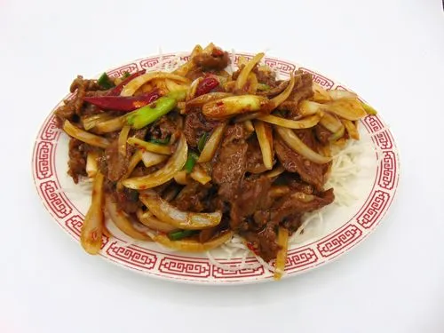 Mongolian beef with onions and peppers served over fried rice noodles on a patterned oval plate