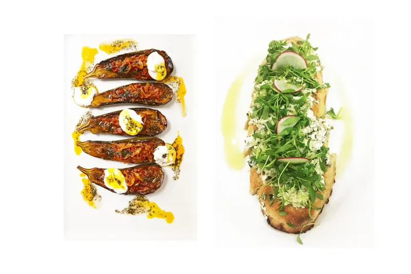 Two Persian dishes plated at Sofreh in Brooklyn — roasted eggplant with tomato and yogurt, and a herb-and-feta flatbread topped with greens and radish
