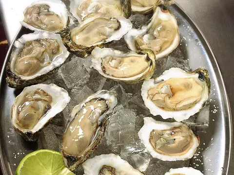 A metal platter of fresh shucked oysters on ice with lime wedges at Jarocho Pescados y Mariscos in Kansas City, Kansas