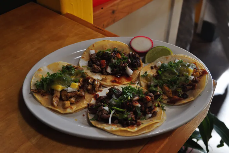 Four street-style tacos served at Taqueria Portland