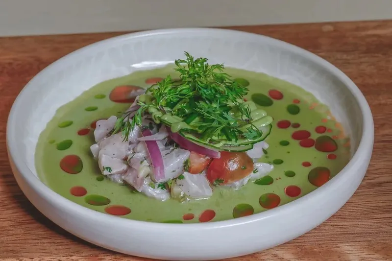 Ceviche with cucumber, red onion, tomato, and herbs in green chile broth at Tequilas Casa Mexicana