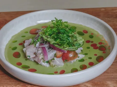Ceviche with cucumber, red onion, tomato, and herbs in green chile broth at Tequilas Casa Mexicana