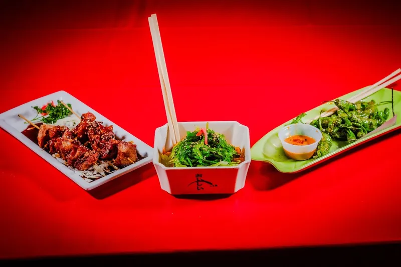 Fujiyama sushi and dishes on a red background