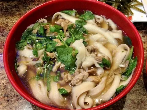 Bowl of hand-drawn wide noodle soup with sliced meat and fresh cilantro at Nan Zhou Hand Drawn Noodle House in Philadelphia