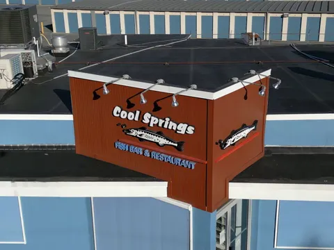Corner sign reading Cool Springs Fish Bar & Restaurant above the entrance
