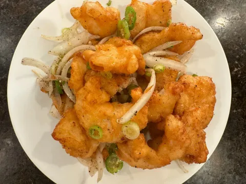 Salt and pepper battered fish with onions and scallions at China Palace Restaurant in Milpitas