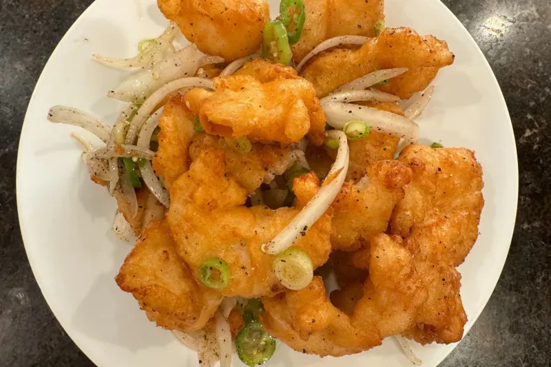 Salt and pepper battered fish with onions and scallions at China Palace Restaurant in Milpitas