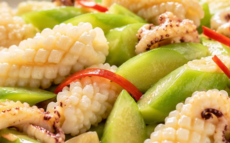 Stir-fried squid with cucumber and red chili at Gaga Seafood Restaurant, Boston