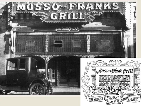 Historical photo of the Musso & Frank Grill storefront on Hollywood Boulevard