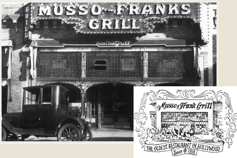 Historical photo of the Musso & Frank Grill storefront on Hollywood Boulevard