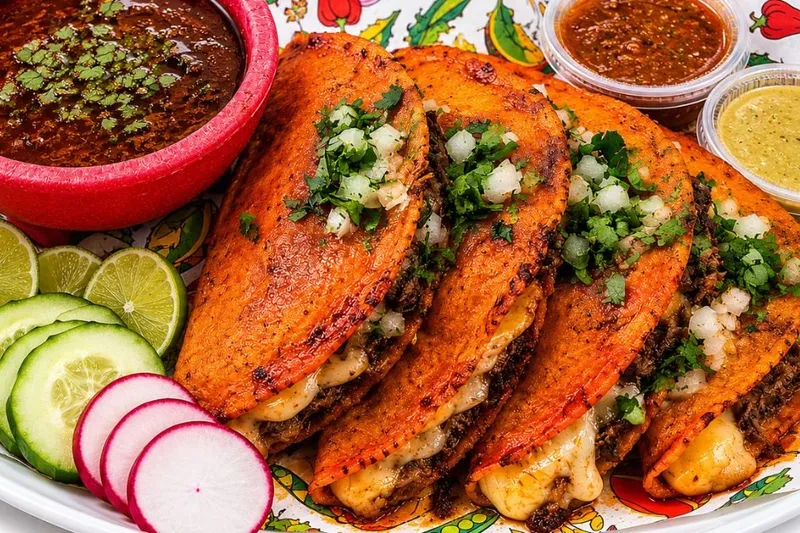 A plate of Taqueria Jalisco quesabirria tacos with crispy orange-tinted tortillas, melted cheese and cilantro, served with a cup of birria consommé, red and green salsas, lime, cucumber and radish