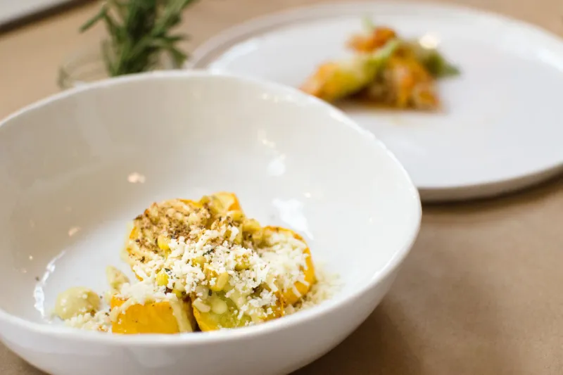 Roasted summer squash dish with grated cheese and pistachio in a white bowl at Rooster & Owl