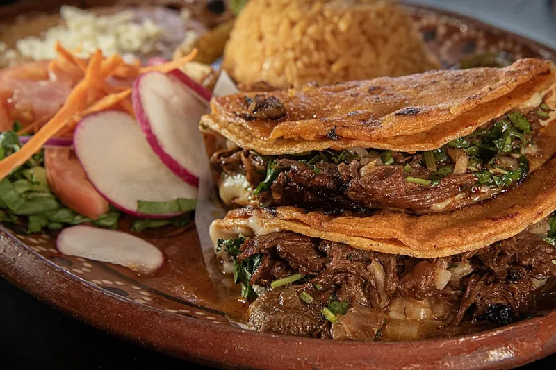 Two quesabirria tacos with cilantro and onion on a clay plate at Taqueria El Parian, served with Mexican rice, sliced radish and salad