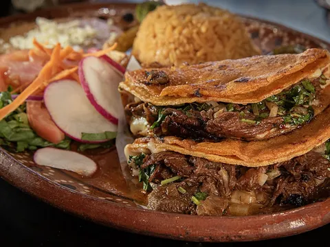 Two quesabirria tacos with cilantro and onion on a clay plate at Taqueria El Parian, served with Mexican rice, sliced radish and salad