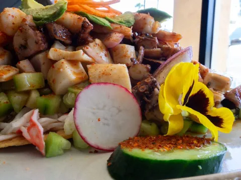 Tostada piled with octopus, shrimp, imitation crab, cucumber, radish and avocado at El Governador in Anaheim