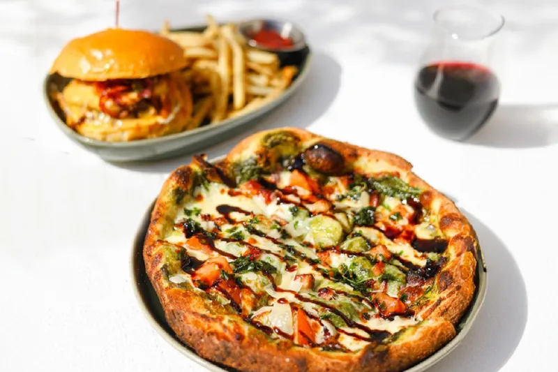 Pizza and a burger with fries at TownHall in Cleveland