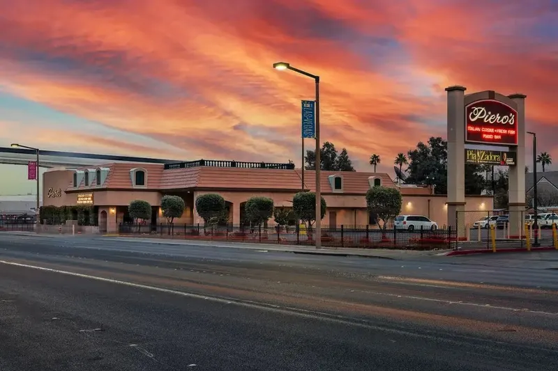 Exterior of Piero's Italian Cuisine at sunset