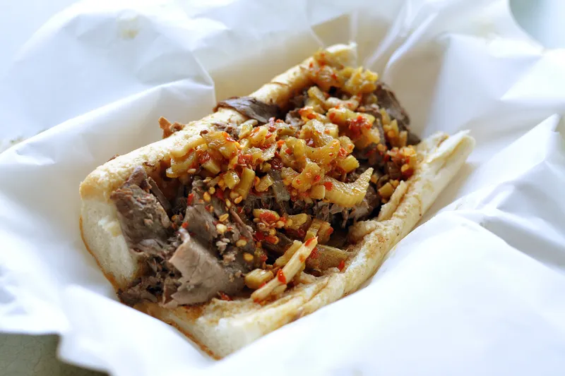 An Italian beef sandwich with giardiniera from Al's Beef in Chicago.