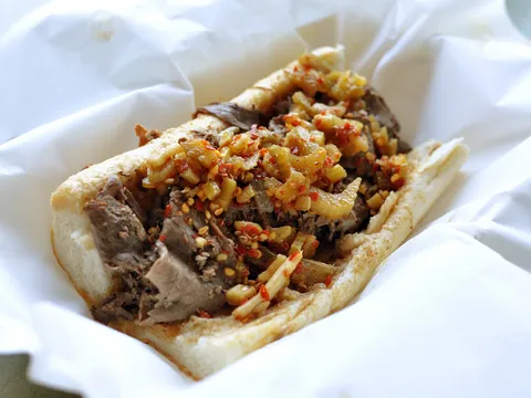 An Italian beef sandwich with giardiniera from Al's Beef in Chicago.