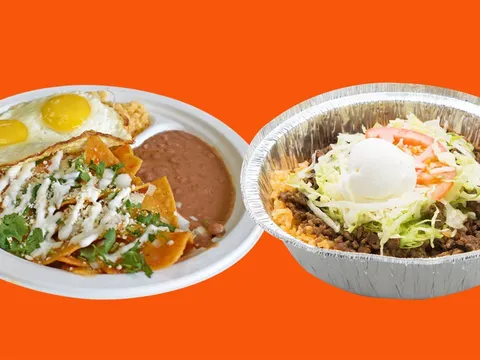 A plate of chilaquiles topped with two fried eggs, crema and cotija with rice and refried beans beside a carne asada rice bowl, from Pineda Tacos in Minneapolis