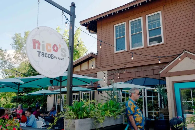 Patio umbrellas outside Nico's Taco Bar