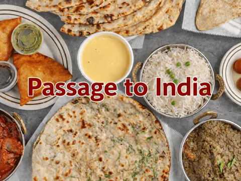 Overhead spread of Passage To India dishes — samosas, dal, basmati rice, paratha, curries and gulab jamun — with the restaurant's name overlaid