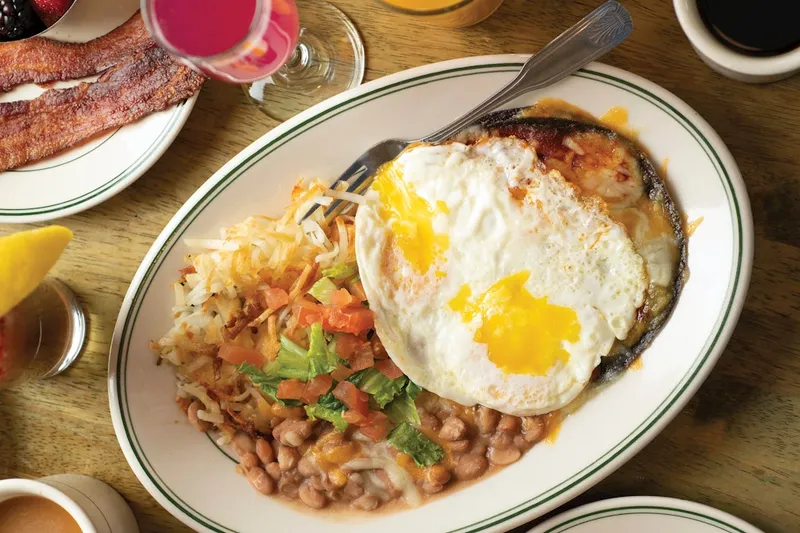 Blue corn enchiladas with fried eggs at Plaza Cafe Downtown