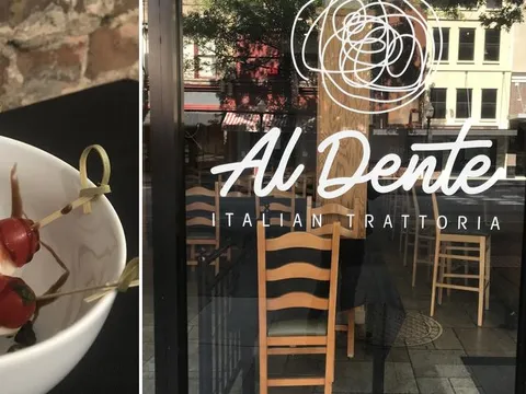 A collage of pasta dishes and the storefront for Al Dente Italian Trattoria in Fort Worth.