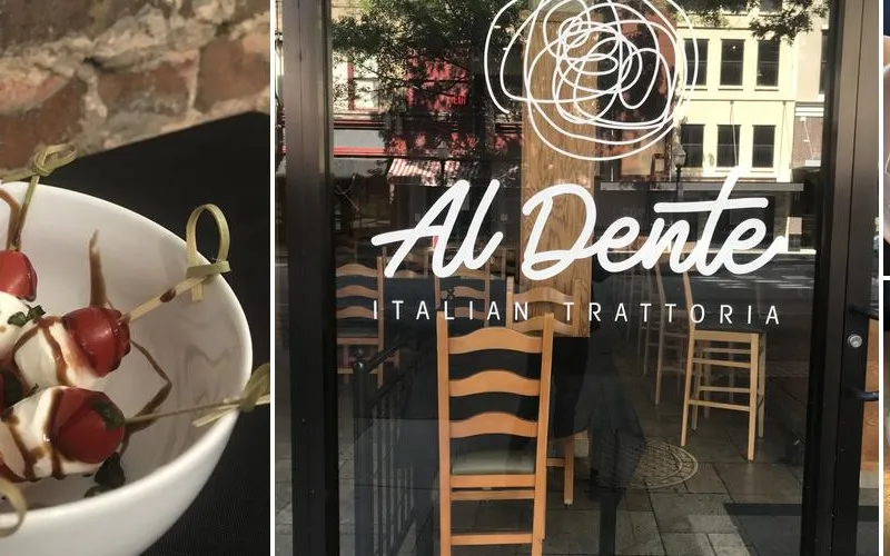 A collage of pasta dishes and the storefront for Al Dente Italian Trattoria in Fort Worth.