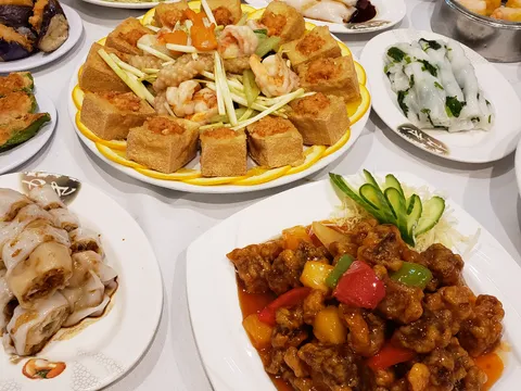 A banquet spread of Cantonese dishes at Ocean City Restaurant in Philadelphia, including stuffed bean curd, rice noodle rolls, sweet-and-sour pork, and dim sum