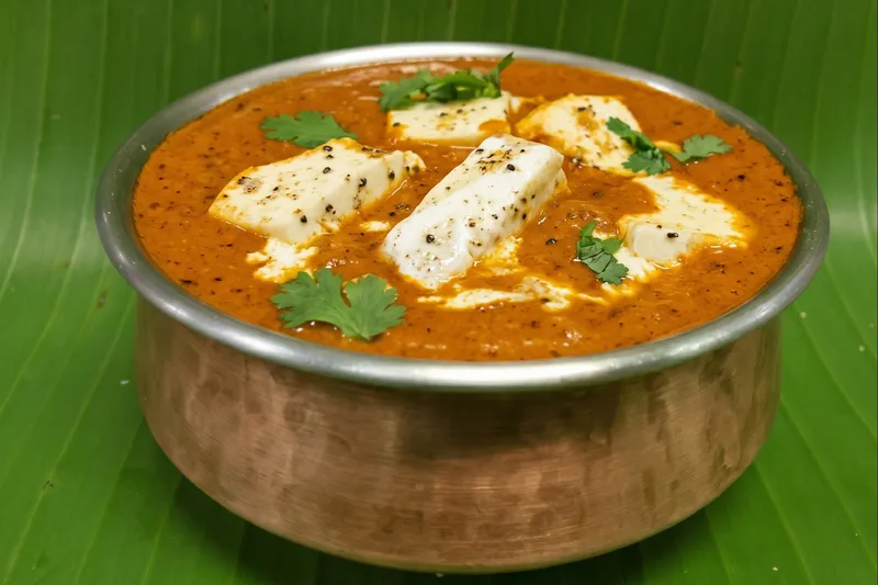 Paneer butter masala in a copper bowl on a banana leaf at Udipi Cafe