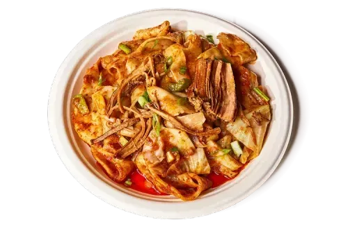 Bowl of hand-ripped noodles with cumin lamb at Xi'an Famous Foods