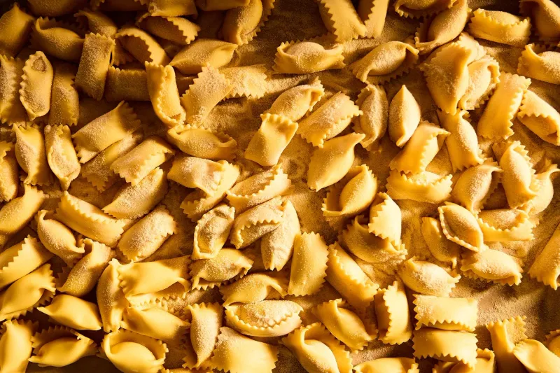 Close-up of freshly made semolina-dusted agnolotti pasta at Rolf and Daughters in Nashville