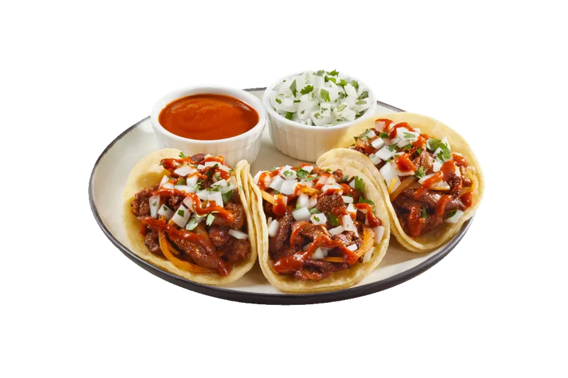 Three King Taco al pastor–style tacos on corn tortillas topped with red salsa, onion and cilantro, plated with ramekins of salsa roja and chopped onion-cilantro