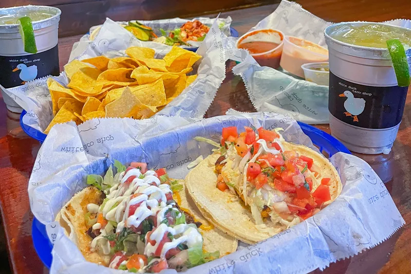 Tacos, chips, salsa, and margaritas at White Duck Taco Shop in Asheville