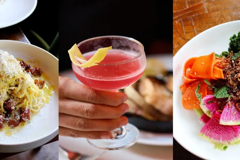 Trio of dishes at Proof on Main in Louisville — spaghetti carbonara, a house cocktail, and a beet and watermelon radish salad
