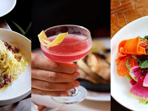 Trio of dishes at Proof on Main in Louisville — spaghetti carbonara, a house cocktail, and a beet and watermelon radish salad