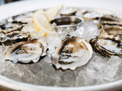 Platter of fresh oysters on ice at Spruce Farm & Fish
