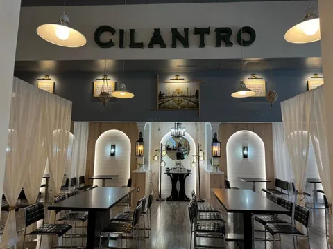 Interior dining room of Cilantro India in Cary, with large green CILANTRO lettering on the wall above a framed Taj Mahal photo, pendant lights, and black high-top tables with curtain dividers