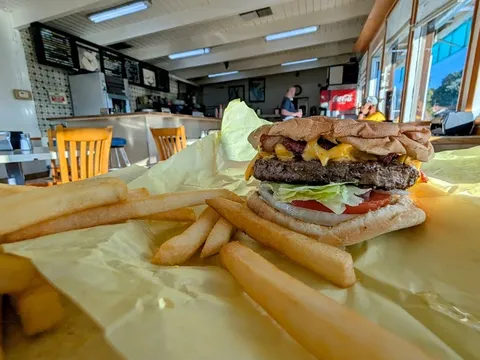 A cheeseburger and fries inside Allstar Burger in Newark.