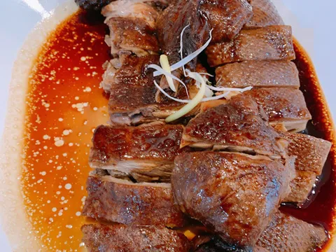 Plate of sliced roast duck in savory sauce garnished with ginger and scallion at Go 4 Food