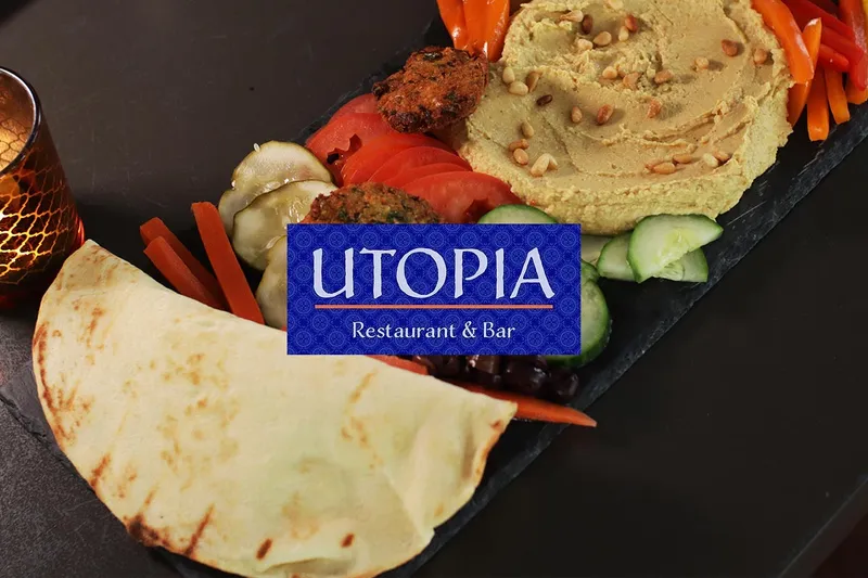 Mezze board with hummus, flatbread and crudites at Utopia Restaurant & Bar